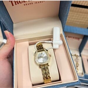 True Religion Women's Gold and Rhinestone Watch